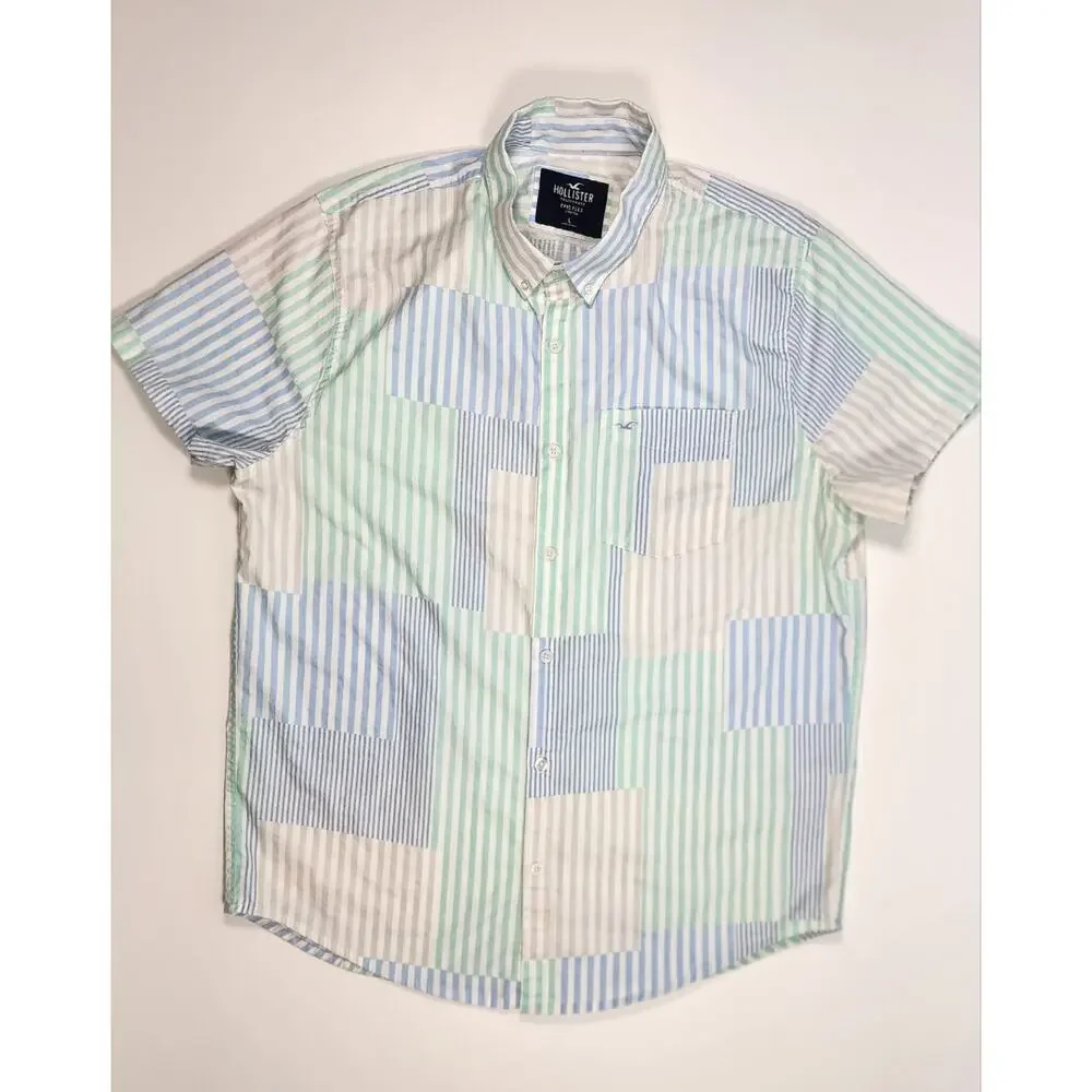 Hollister Patchwork Stripe Button Shirt L Blue Green‎ Casual Preppy